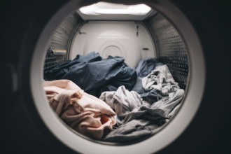 Laundry washing machine, fresh clothes after washing cycle and drying, AI generated