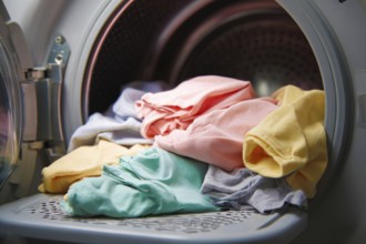 Laundry washing machine, fresh clothes after washing cycle and drying, AI generated