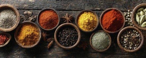 Different spices in bowls on table on rustic dark wooden background. Indian colorful spices for