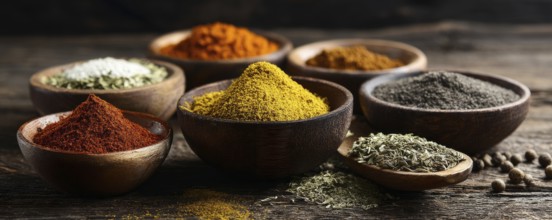 Different spices in bowls on table on rustic dark wooden background. Indian colorful spices for