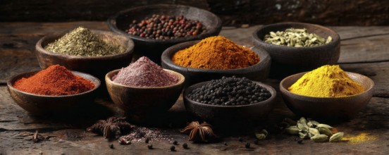 Different spices in bowls on table on rustic dark wooden background. Indian colorful spices for