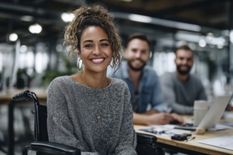 Disabled person in a diverse environment performing work activities in corporate environment, AI