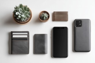 Payment accessories in a flat lay view arranged on a table. Cards, digital wallets and phone