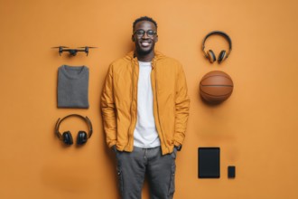 Knolling parts, fashionable teenager man. Lifestyle of a creative personality and digital content