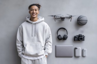 Knolling parts, fashionable teenager man. Lifestyle of a creative personality and digital content