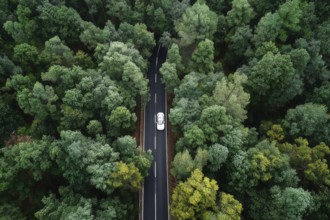 Aerial drone birds view of a lonely car on a highway going through the forest. Concept of