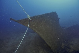 Calm shipwreck with a rope at the bow on the seabed. Dive site wreck Le Vapeur, Giens peninsula,