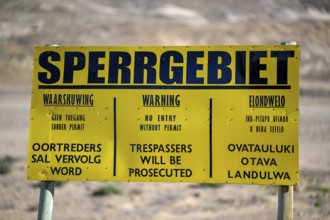 Restricted area sign, diamond restricted area, near Oranjemund, Karas region, Namibia