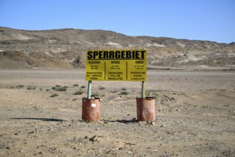 Restricted area sign, diamond restricted area, near Oranjemund, Karas region, Namibia