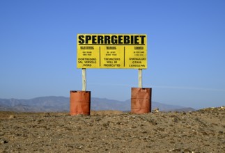 Restricted area sign, diamond restricted area, near Oranjemund, Karas region, Namibia