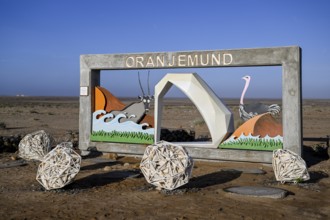 Sign at the entrance to Oranjemund, diamonds, diamond restricted area, Karas region, Namibia