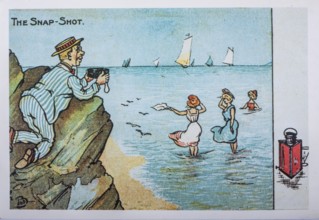 Old postcard. Joke drawing of a photographer taking pictures secretly