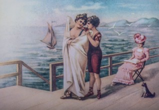 Old postcard. Women on the bathing jetty