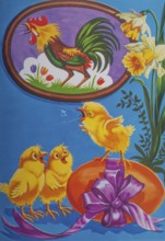 Old postcard and Easter card. Yellow singing chickens