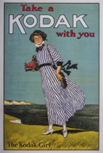 Old postcard. Woman advertising historic Kodak camera