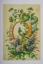 Old postcard and greeting card. Dove in horseshoe oxh flowers