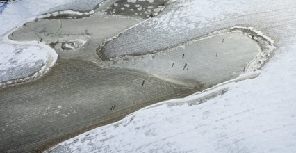 Aerial view, frozen Rhine meadow Ehingen, Mündelheim, Duisburg, Ruhr area, North Rhine-Westphalia,