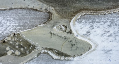 Aerial view, frozen Rhine meadow Ehingen, Mündelheim, Duisburg, Ruhr area, North Rhine-Westphalia,