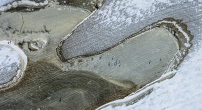 Aerial view, frozen Rhine meadow Ehingen, Mündelheim, Duisburg, Ruhr area, North Rhine-Westphalia,
