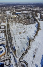 Aerial view, construction area, planned housing estate, Düsseldorfer Landstraße, am Angerbogen, Am