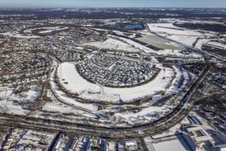 Aerial view, new housing estate Angerbogen, Am Alten Angerbach, construction area planned