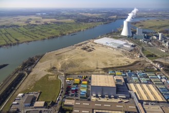 Aerial view, Logport 6, Duisport, near coal-fired power station Steak Walsum, Rhine, Alt-Walsum,