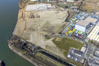 Aerial view, Logport 6, Duisport, near coal-fired power station Steak Walsum, Rhine, Alt-Walsum,