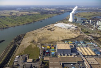 Aerial view, Logport 6, Duisport, near coal-fired power station Steak Walsum, Rhine, Alt-Walsum,