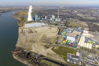 Aerial view, Logport 6, Duisport, near coal-fired power station Steak Walsum, Rhine, Alt-Walsum,