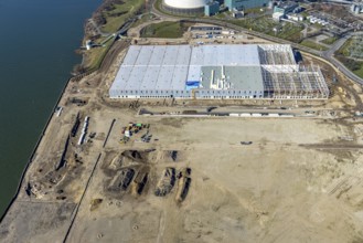 Aerial view, Logport 6, Duisport, near coal-fired power station Steak Walsum, Rhine, Alt-Walsum,
