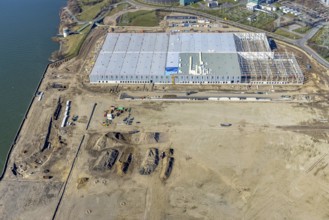 Aerial view, Logport 6, Duisport, near coal-fired power station Steak Walsum, Rhine, Alt-Walsum,