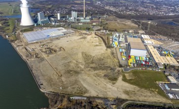 Aerial view, Logport 6, Duisport, near coal-fired power station Steak Walsum, Rhine, Alt-Walsum,