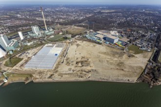 Aerial view, Logport 6, Duisport, near coal-fired power station Steak Walsum, Rhine, Alt-Walsum,