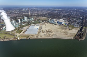 Aerial view, Logport 6, Duisport, near coal-fired power station Steak Walsum, Rhine, Alt-Walsum,
