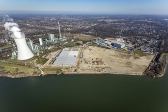 Aerial view, Logport 6, Duisport, near coal-fired power station Steak Walsum, Rhine, Alt-Walsum,
