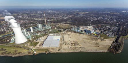 Aerial view, Logport 6, Duisport, near coal-fired power station Steak Walsum, Rhine, Alt-Walsum,