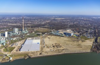 Aerial view, Logport 6, Duisport, near coal-fired power station Steak Walsum, Rhine, Alt-Walsum,