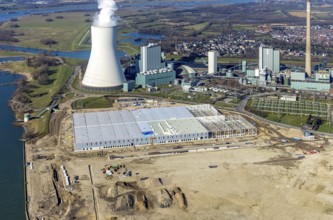 Aerial view, Logport 6, Duisport, near coal-fired power station Steak Walsum, Rhine, Alt-Walsum,