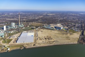 Aerial view, Logport 6, Duisport, near coal-fired power station Steak Walsum, Rhine, Alt-Walsum,