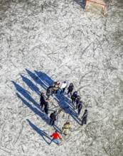 Aerial view, frozen Rhine meadow Ehingen, ice hockey players, Mündelheim, Duisburg, Ruhr area,
