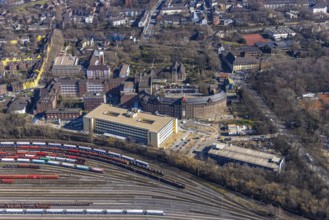 Aerial view, construction site new building and extension of Helios St. Johannes Clinic,