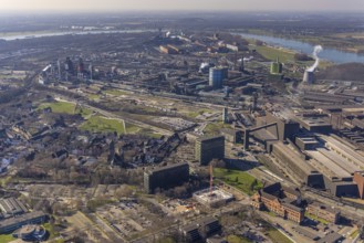 Aerial view, construction site new building on the administration site thyssenkrupp Steel Europe