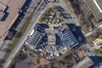 Aerial view, construction site for planned office building, former Hamborn municipal swimming pool,