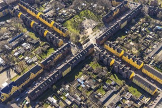 Aerial view, Duisburg Jupp colony, workers' housing estate with terraced houses, Steigerstraße,