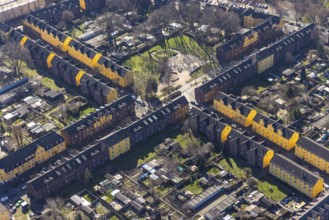 Aerial view, Duisburg Jupp colony, workers' housing estate with terraced houses, Steigerstraße,
