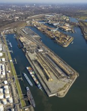 Aerial view, Duisburg harbour, coal island, Duisport, Rhine-Herne Canal, Ruhr, Ruhrort, Duisburg,