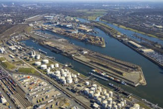 Aerial view, Duisburg harbour, coal island, Duisport, Rhine-Herne Canal, Ruhr, Ruhrort, Duisburg,