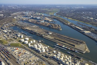Aerial view, Duisburg harbour, coal island, Duisport, Rhine-Herne Canal, Ruhr, Ruhrort, Duisburg,