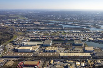 Aerial view, Duisburg harbour, coal island, Duisport, Rhine-Herne Canal, Ruhr, Ruhrort, Duisburg,