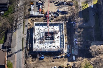 Aerial view, construction site new building on the administration site thyssenkrupp Steel Europe